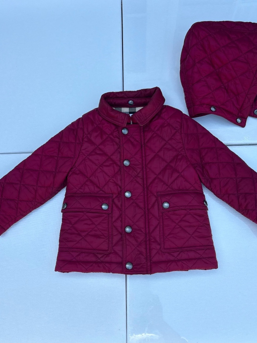 Authentic Burberry Baby 12M Quilted Burgundy Jacket Detachable Hood Check Lined